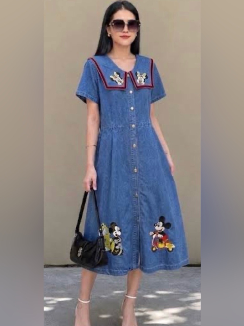 Vintage Disney Mickey & Friends Embroidered Denim Dress size medium vacation